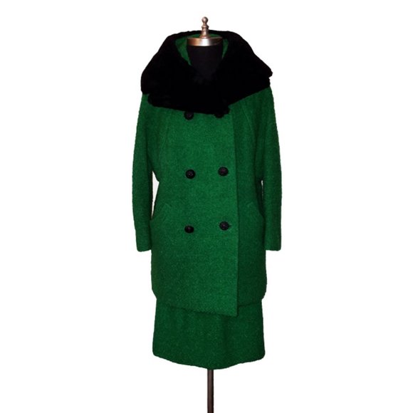 Vtg 60s 2 PC Boucle Wool Mouton Fur Skirt Suit M - Picture 1 of 12